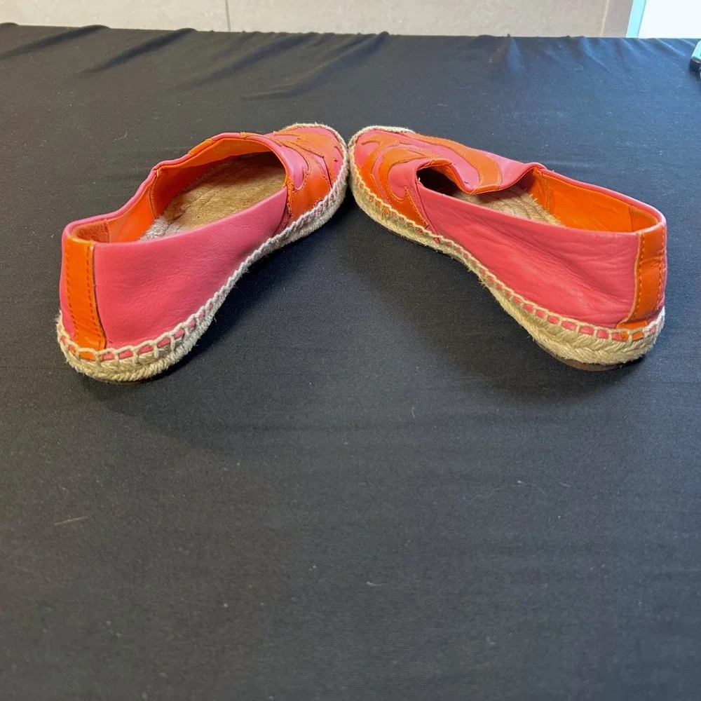 Tory Burch 6.5 Shaw Pink orange Leather Medallion Logo Espadrille Jute Flats
